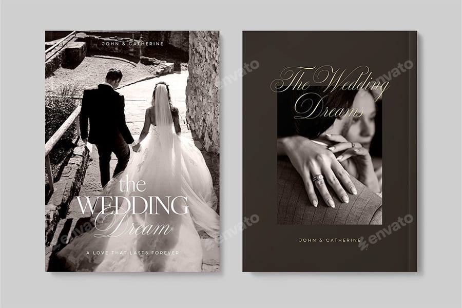 Formal script font "The Wedding Dream" on elegant black-and-white wedding photo book covers