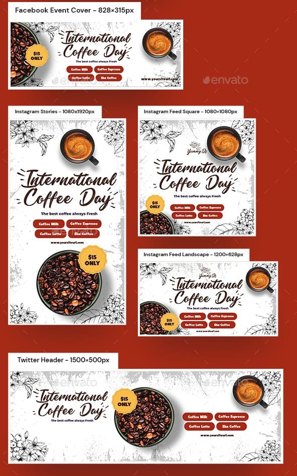 Casual brush script font used in coffee shop social media templates for International Coffee Day
