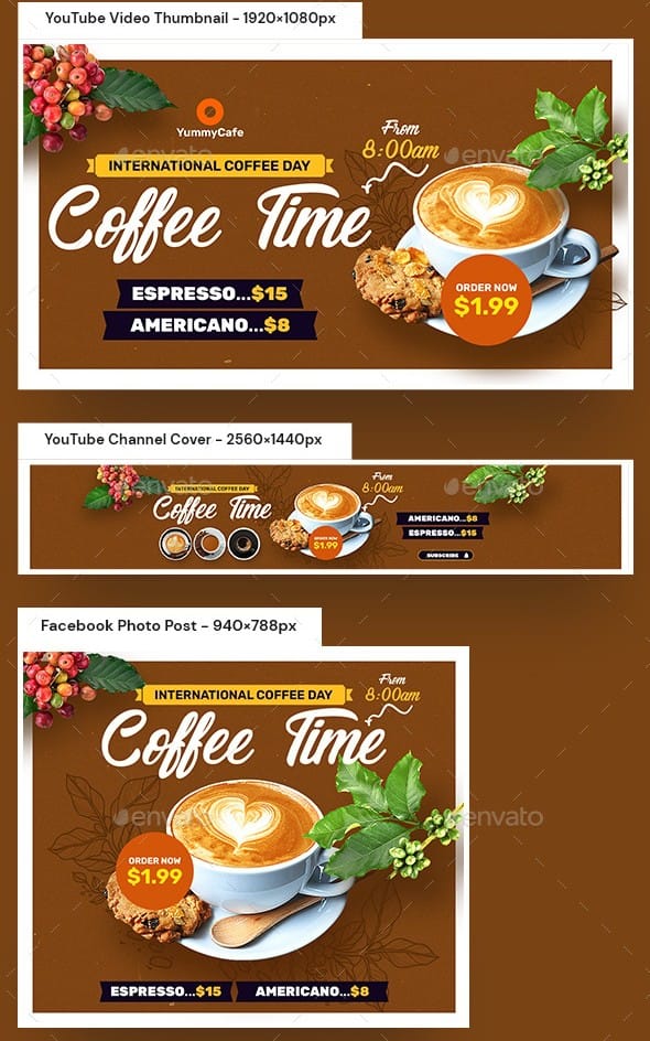 Casual script font "Coffee Time" headline on YouTube and Facebook marketing templates