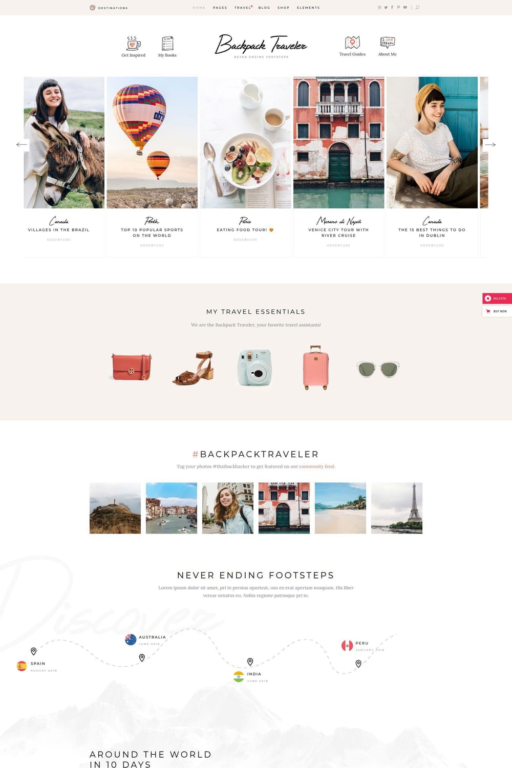 Backpack Traveler WordPress theme homepage showing a featured posts slider, travel essentials shop section, and Instagram feed