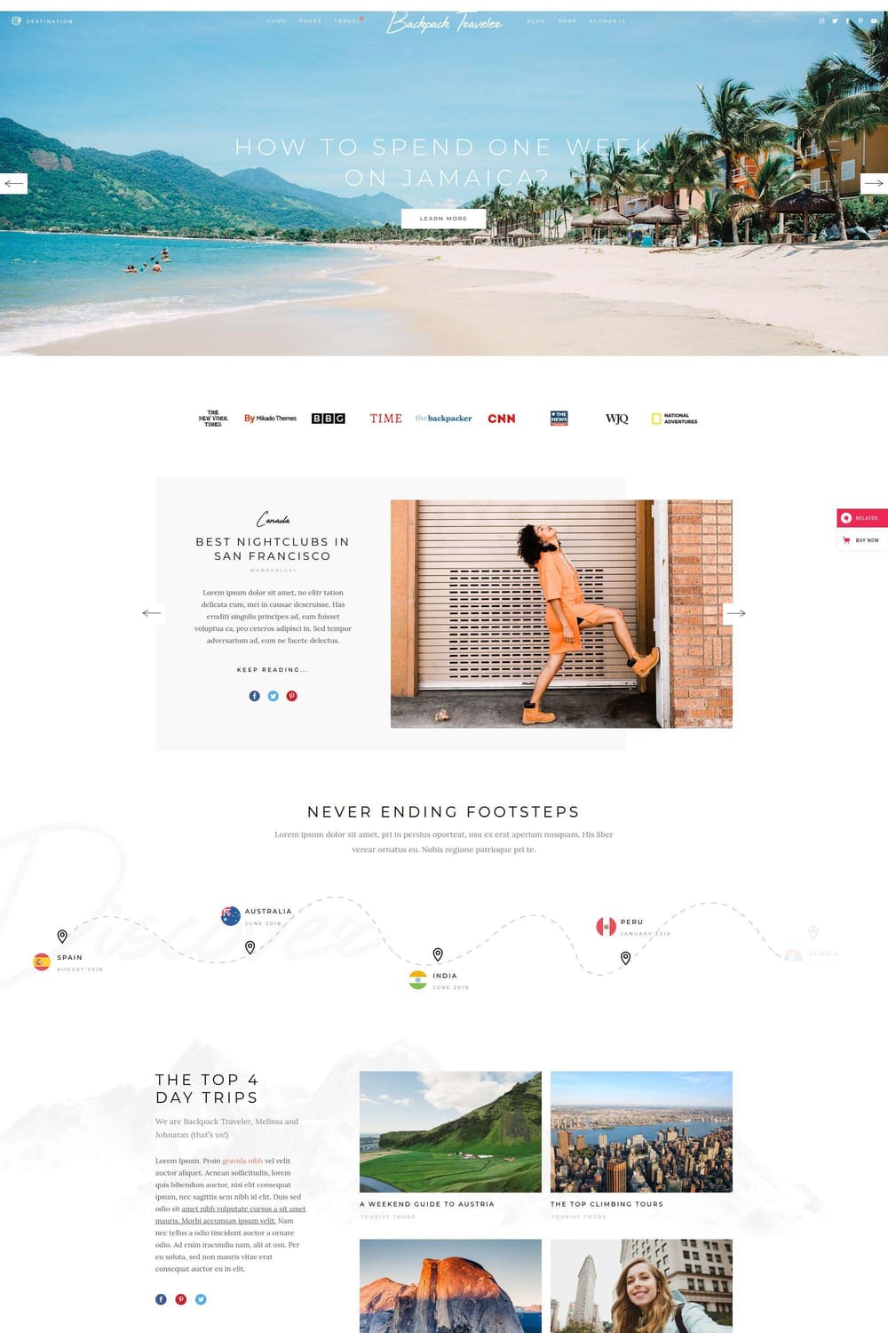 Backpack Traveler theme full-width hero slider displaying a Jamaica travel guide with press logos and destination timeline