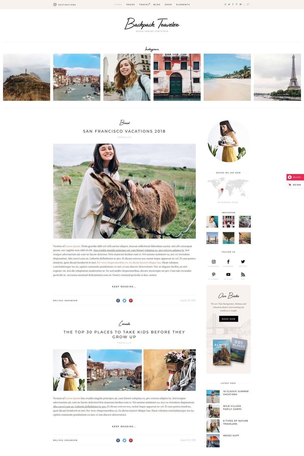 Backpack Traveler theme blog post layout with Instagram feed, author widget, and sidebar navigation
