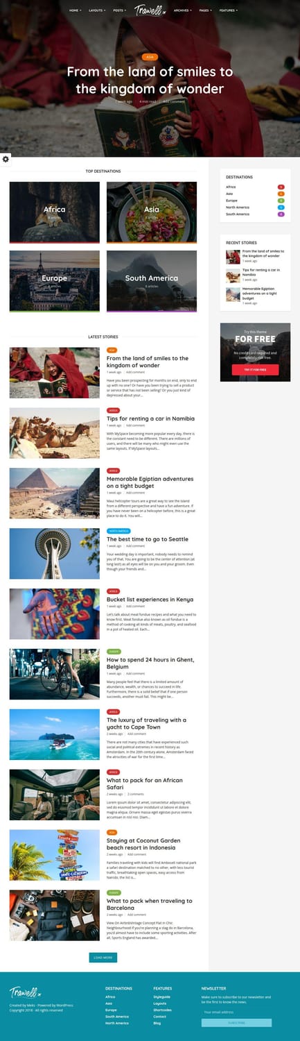 Trawell WordPress theme homepage with a full-width featured story image and destination category sidebar showing article counts by region
