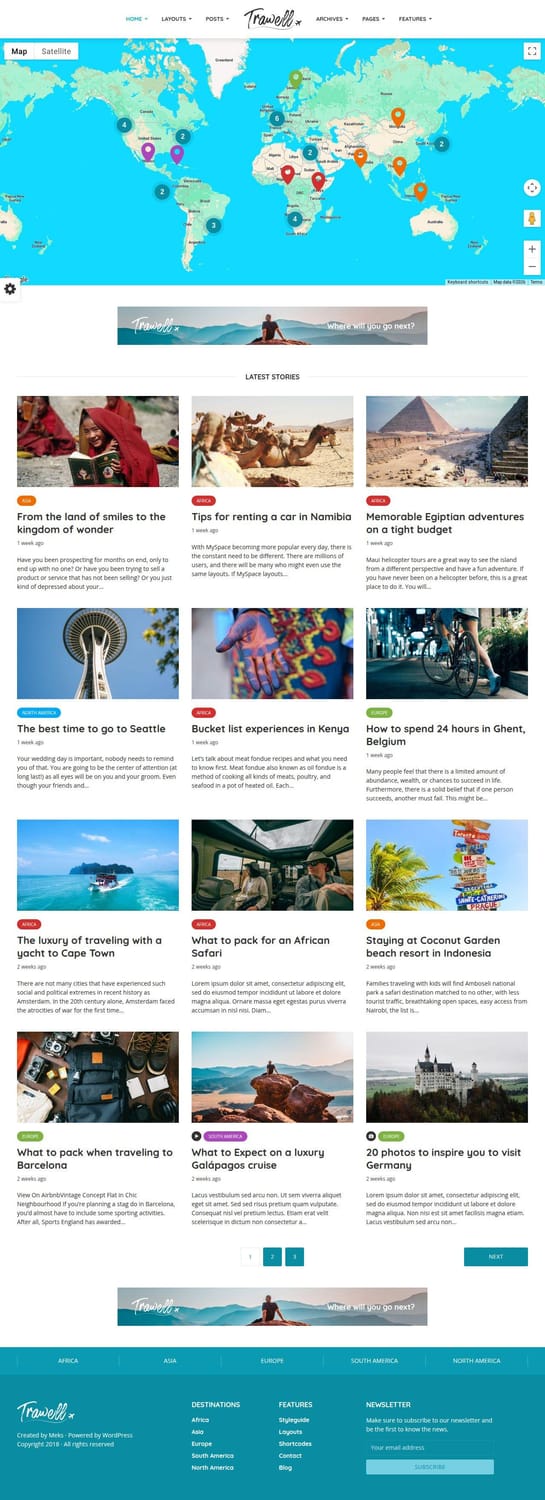 Trawell theme homepage layout with an interactive Google Maps destination tracker and a three-column grid of latest travel stories