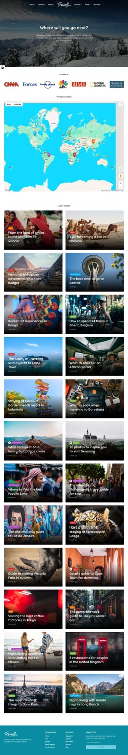 Trawell theme magazine-style homepage featuring press logos, a destinations map, and a dense two-column grid of travel post thumbnails
