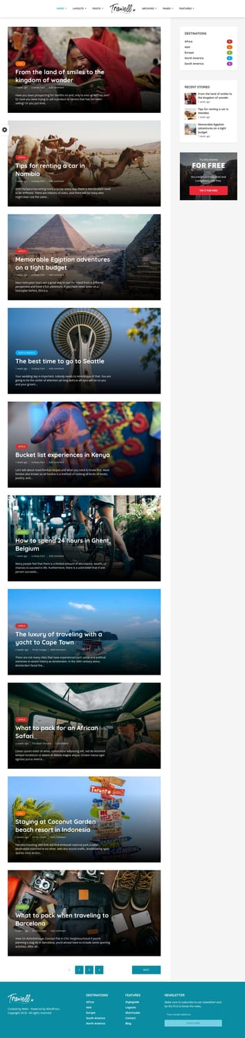 Trawell theme single-column blog feed layout with full-width post images and a sidebar showing destinations, recent stories, and a free trial widget