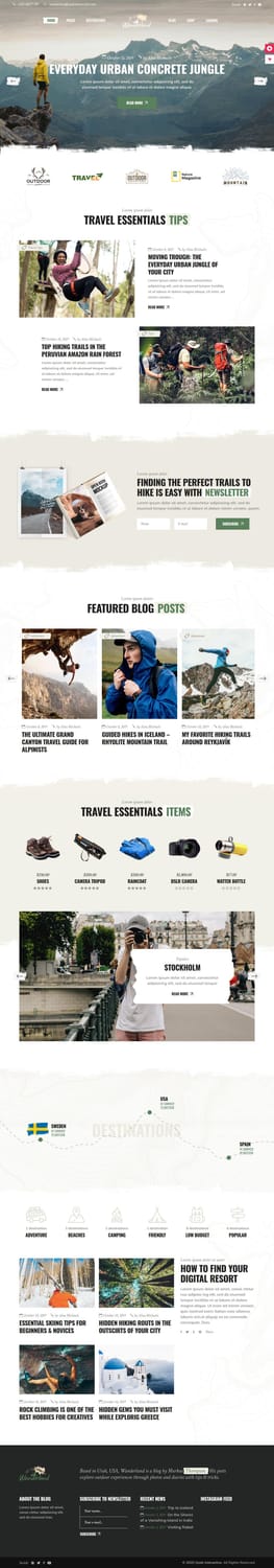 Wanderland WordPress theme Main Home layout with a full-width hero slider, travel essentials shop, and featured blog posts for outdoor adventure content