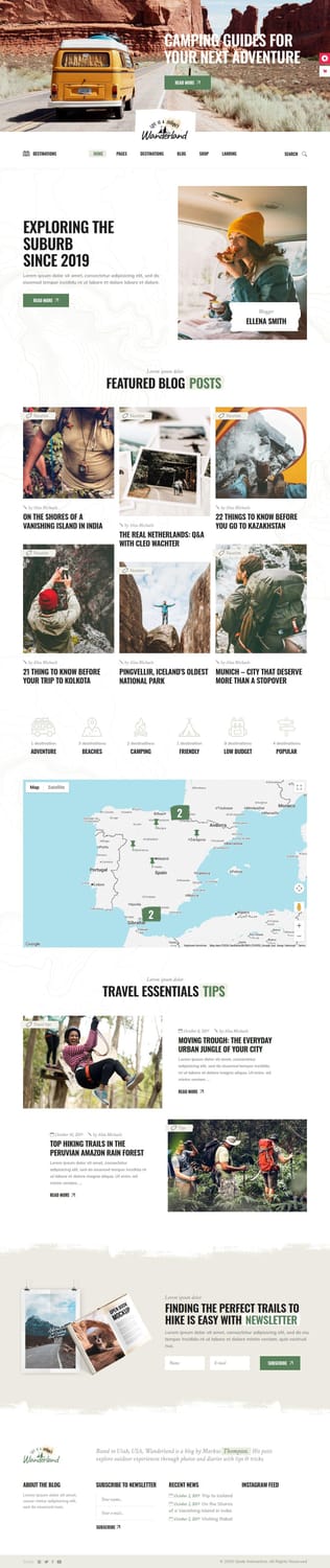 Wanderland theme Travelogue Home layout featuring a camping guide hero banner, blogger profile card, and destination category icons