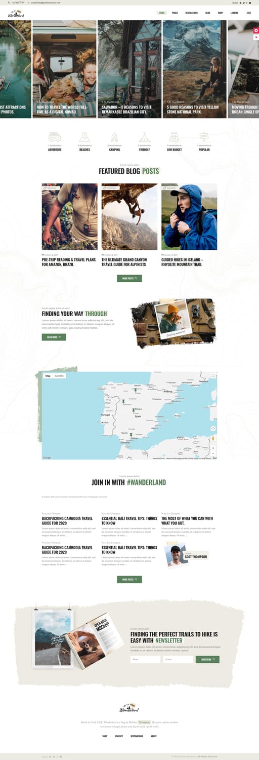 Wanderland theme Travel Blog homepage with a horizontal image slider, destination category icons, and an embedded Google Maps travel tracker