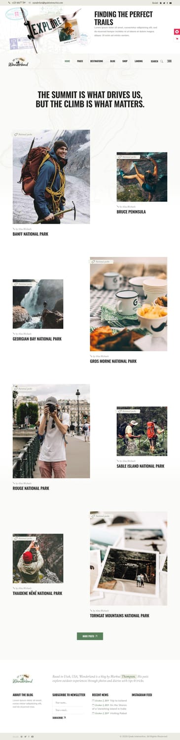 Wanderland theme Floating Posts layout showcasing an alternating staggered grid of national park travel photography