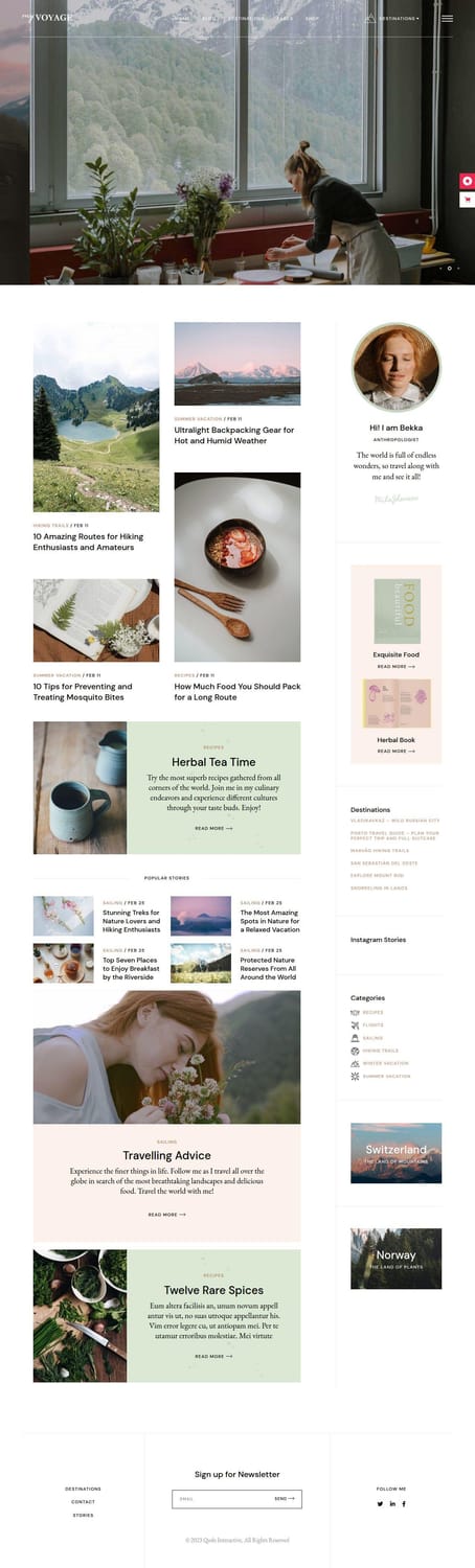 MyVoyage WordPress theme homepage with a full-width lifestyle hero image, masonry post grid, and author bio sidebar with categories