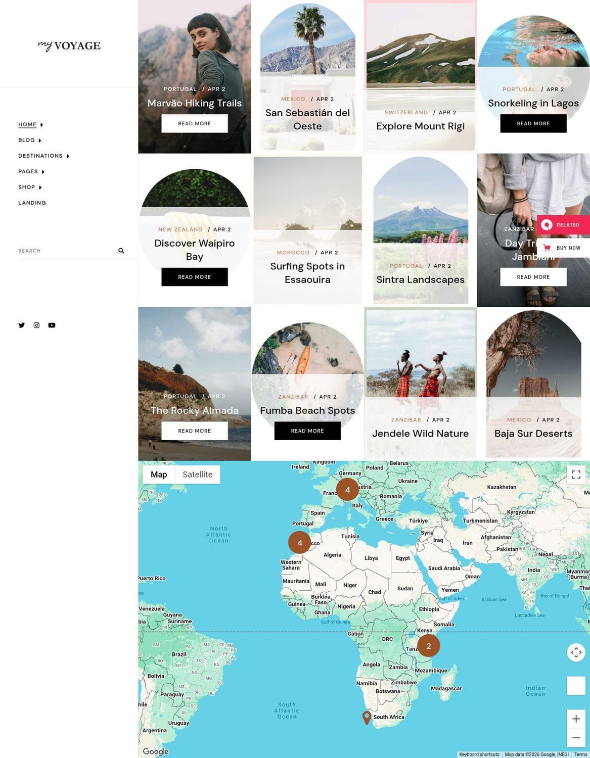 MyVoyage theme left-menu layout with a circular-image destination grid and an interactive Google Maps location tracker