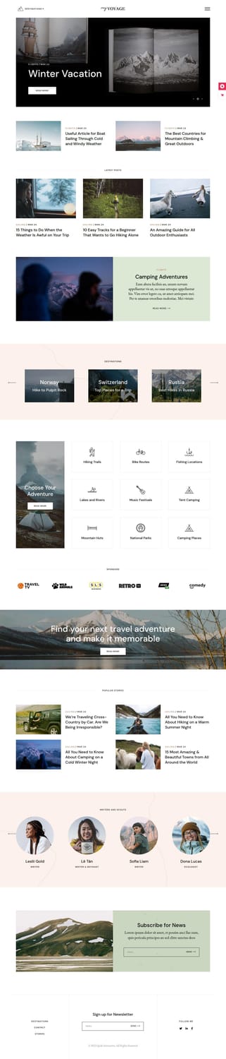MyVoyage theme Travelogue layout with a winter vacation hero banner, adventure icon grid, and sponsor logo bar