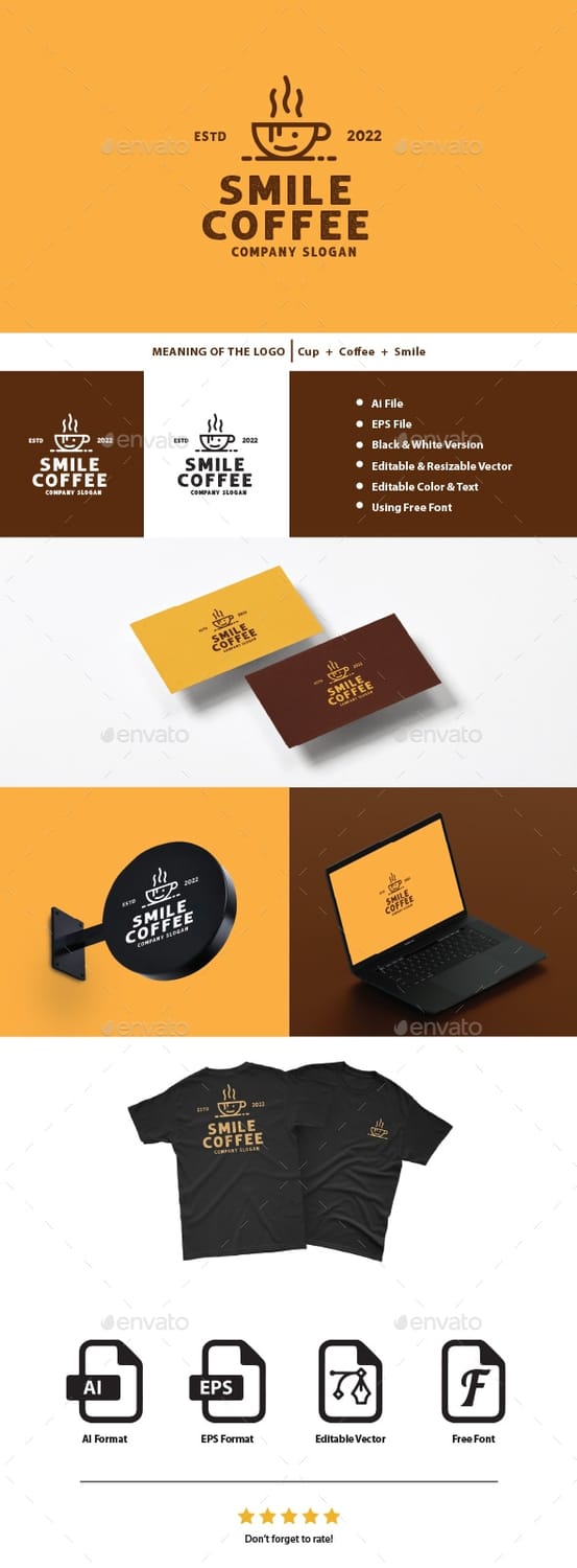 Smile Coffee logo template featuring a minimalist coffee cup icon with a smiling face and steam, in orange and brown, shown on business cards and signage