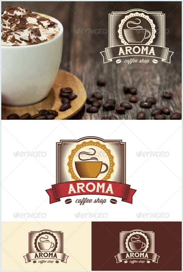 Vintage-style Aroma coffee shop logo with an ornate badge frame, illustrated cup, and ribbon banner, shown in cream-gold and brown-red color versions