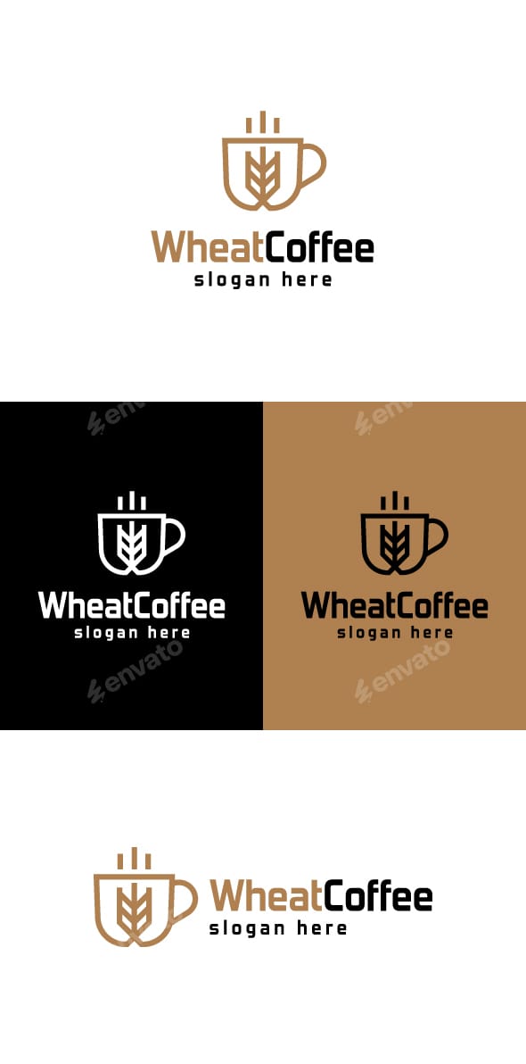 Wheat Coffee logo combining a coffee cup outline with a wheat stalk icon, shown in brown, black, and light color versions