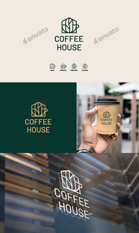 Coffee House logo merging a house shape, coffee cup, coffee bean, and leaf veins into a monoline icon, shown on a coffee cup and glass storefront window