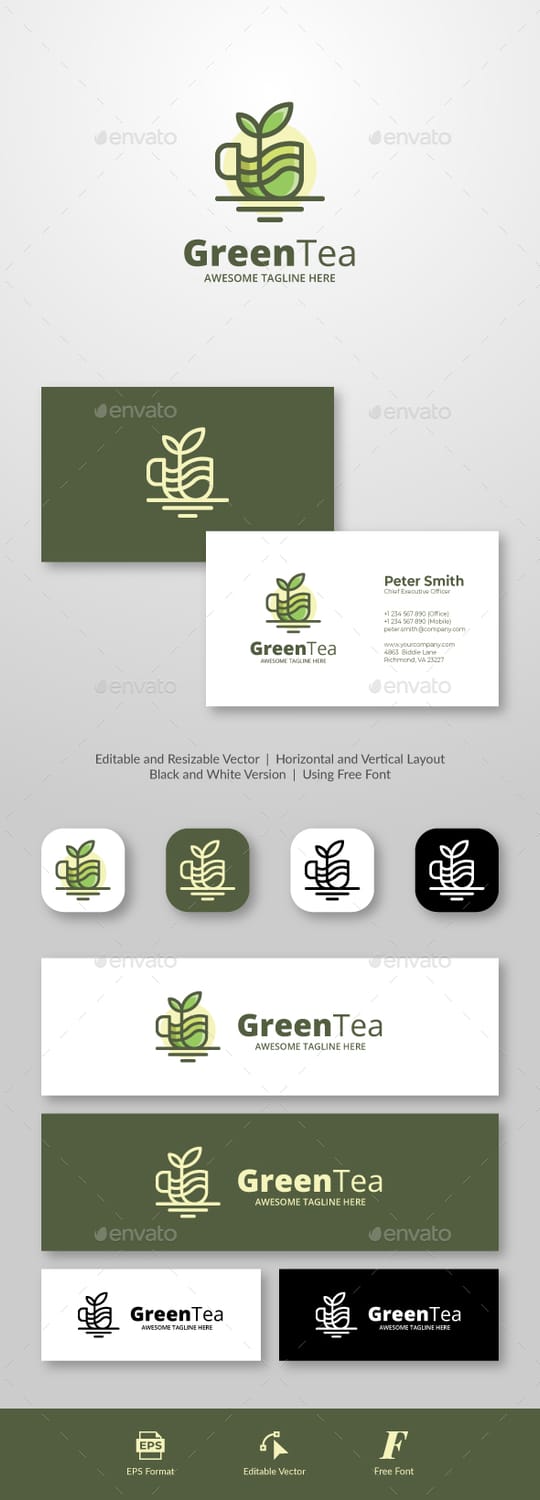 Green Tea logo with a leafy plant growing from a mug icon, shown in horizontal and vertical layouts with black, white, and color versions