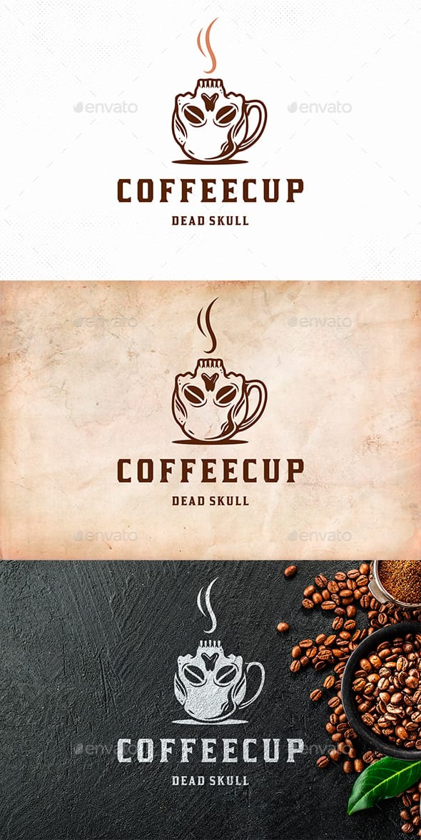 Coffeecup Dead Skull logo illustrating a coffee cup shaped like a skull with coffee bean eyes, shown in color, greyscale, and single-color versions