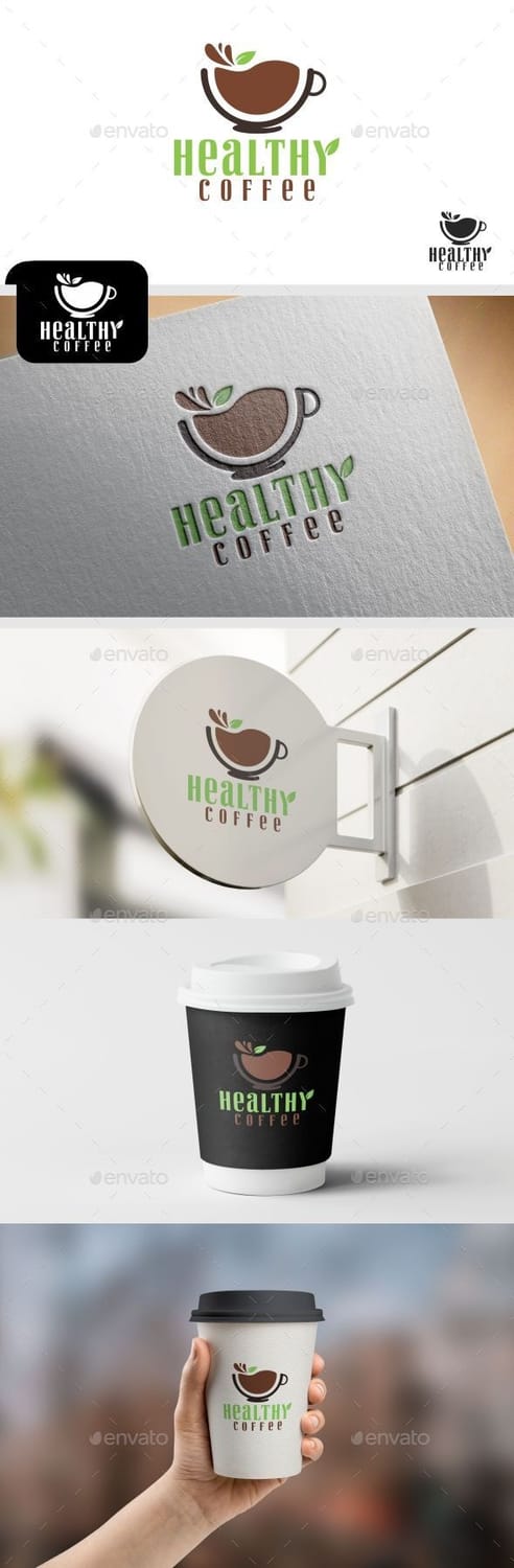 Healthy Coffee logo featuring a rounded coffee cup with a leaf accent in green and brown, shown on a cup, storefront sign, and business card