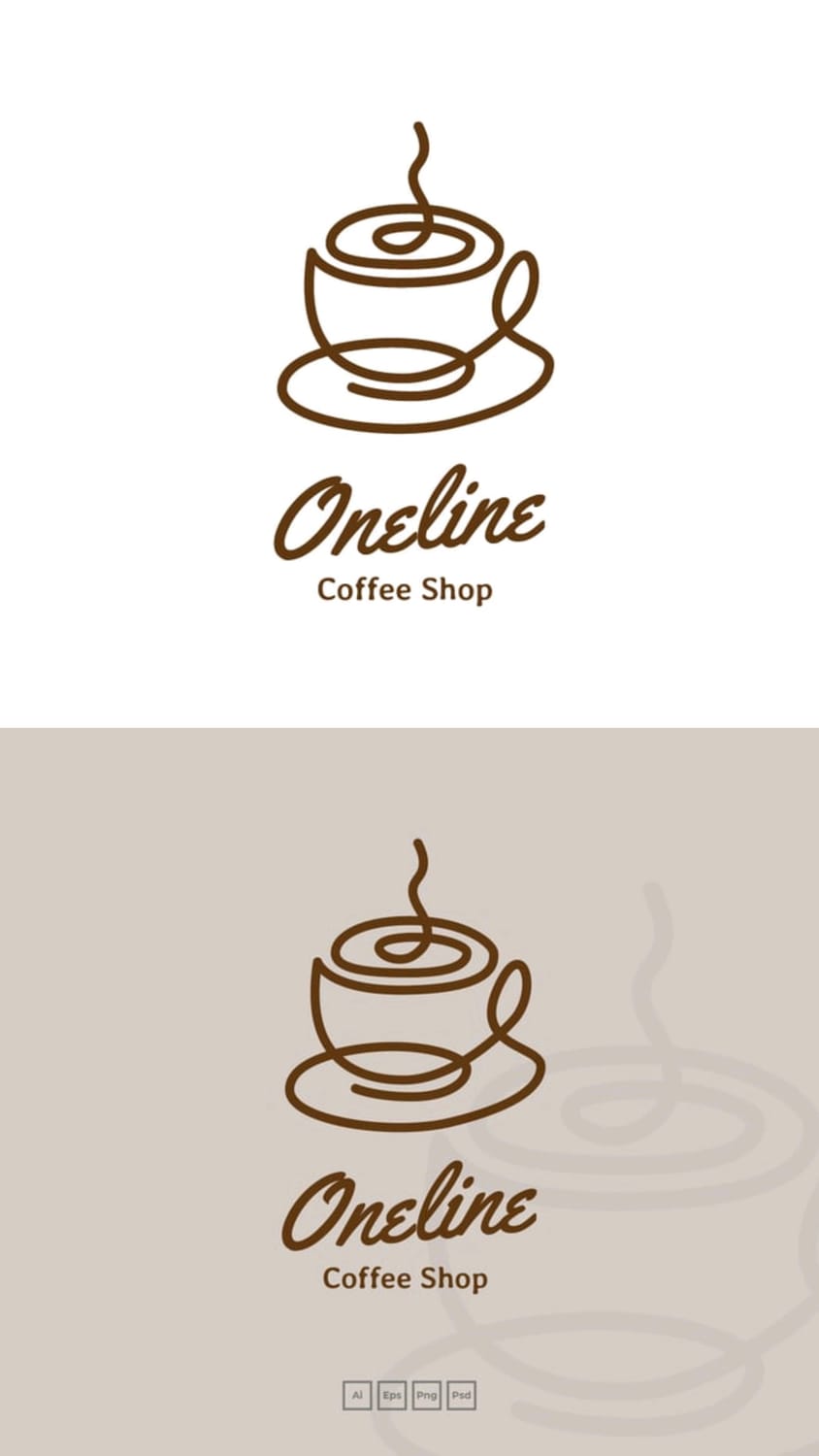 Oneline coffee shop logo drawn as a single continuous line forming a cup, saucer, and steam, paired with a script wordmark