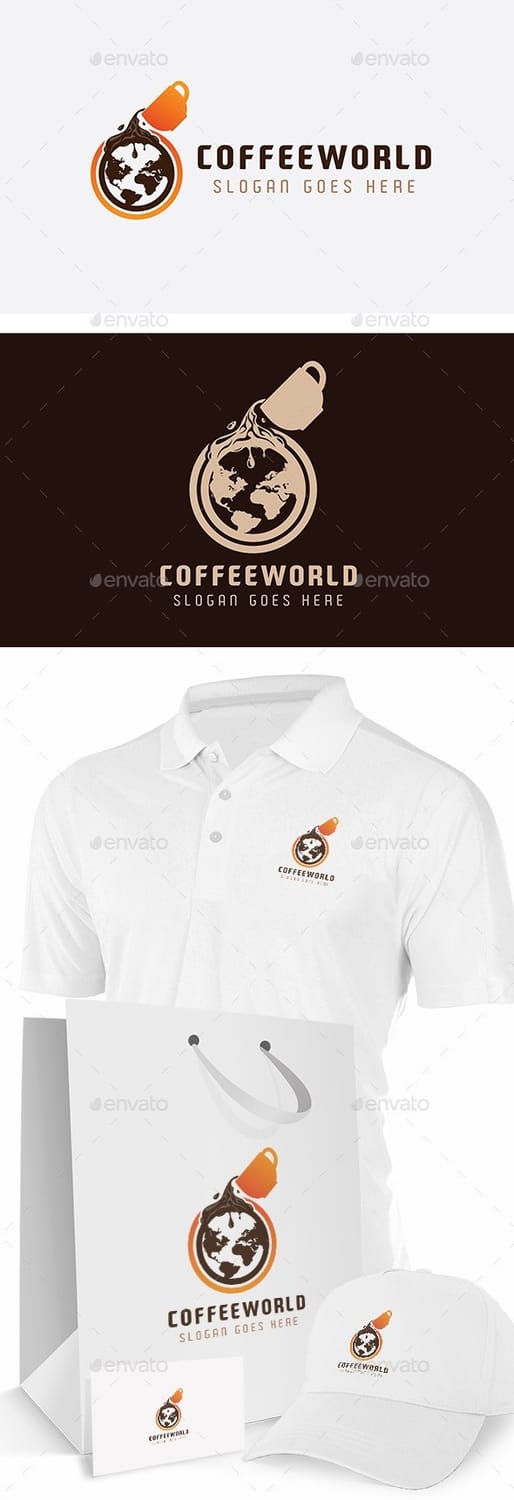Coffee World logo showing a mug pouring coffee that forms the shape of the globe, in orange-brown gradient, shown on apparel and packaging