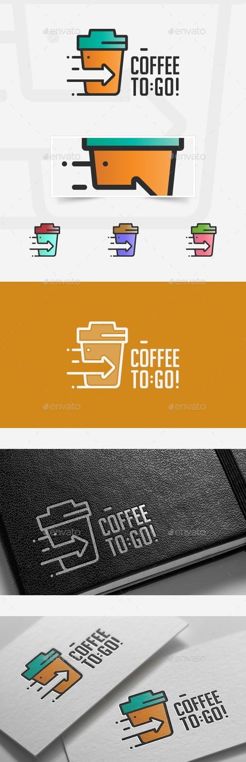 Coffee To Go logo featuring a to-go cup with motion arrow lines, shown in multiple color editions including orange-teal and black-and-white
