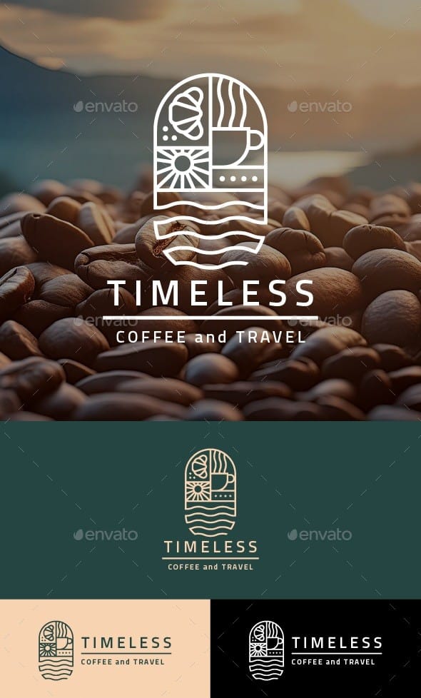 Timeless coffee and travel logo featuring an arched badge with a coffee cup, croissant, sun, and waves, shown on packaging, cups, and stationery