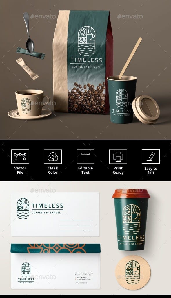 Timeless coffee and travel logo featuring an arched badge with a coffee cup, croissant, sun, and waves, shown on packaging, cups, and stationery