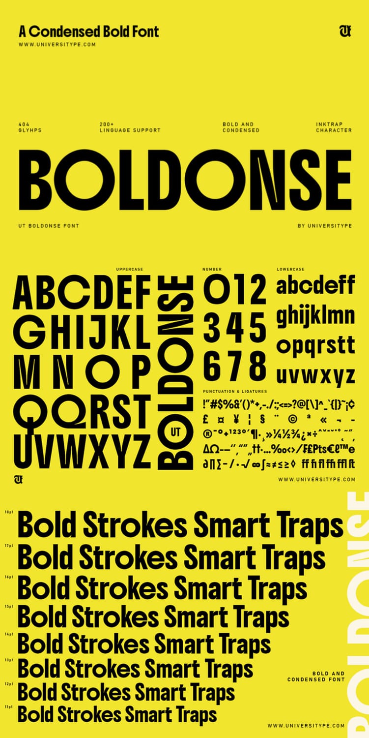 Typography specimen sheet for "UT Boldonse," a condensed bold font featuring uppercase and lowercase glyphs, numbers, punctuation, and varying stroke sizes in black against a vibrant yellow background.