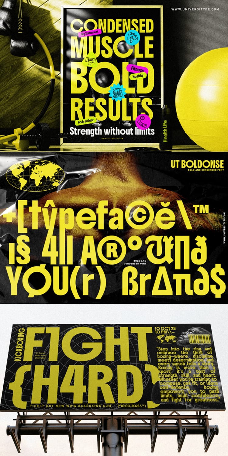 Branding mockups showcasing the "UT Boldonse" condensed bold font used in athletic posters, a world map graphic, and a "Fight Hard" kickboxing billboard design.
