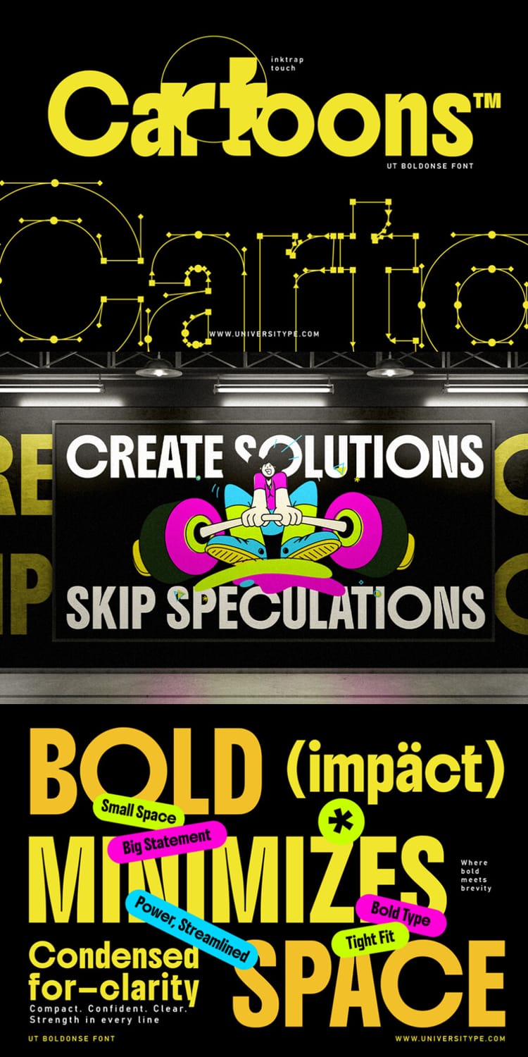 Design layouts featuring the "UT Boldonse" font, including a "Cartoons" title with vector ink-trap guidelines, a fitness billboard stating "Create Solutions, Skip Speculations," and typography highlighting space-saving features.