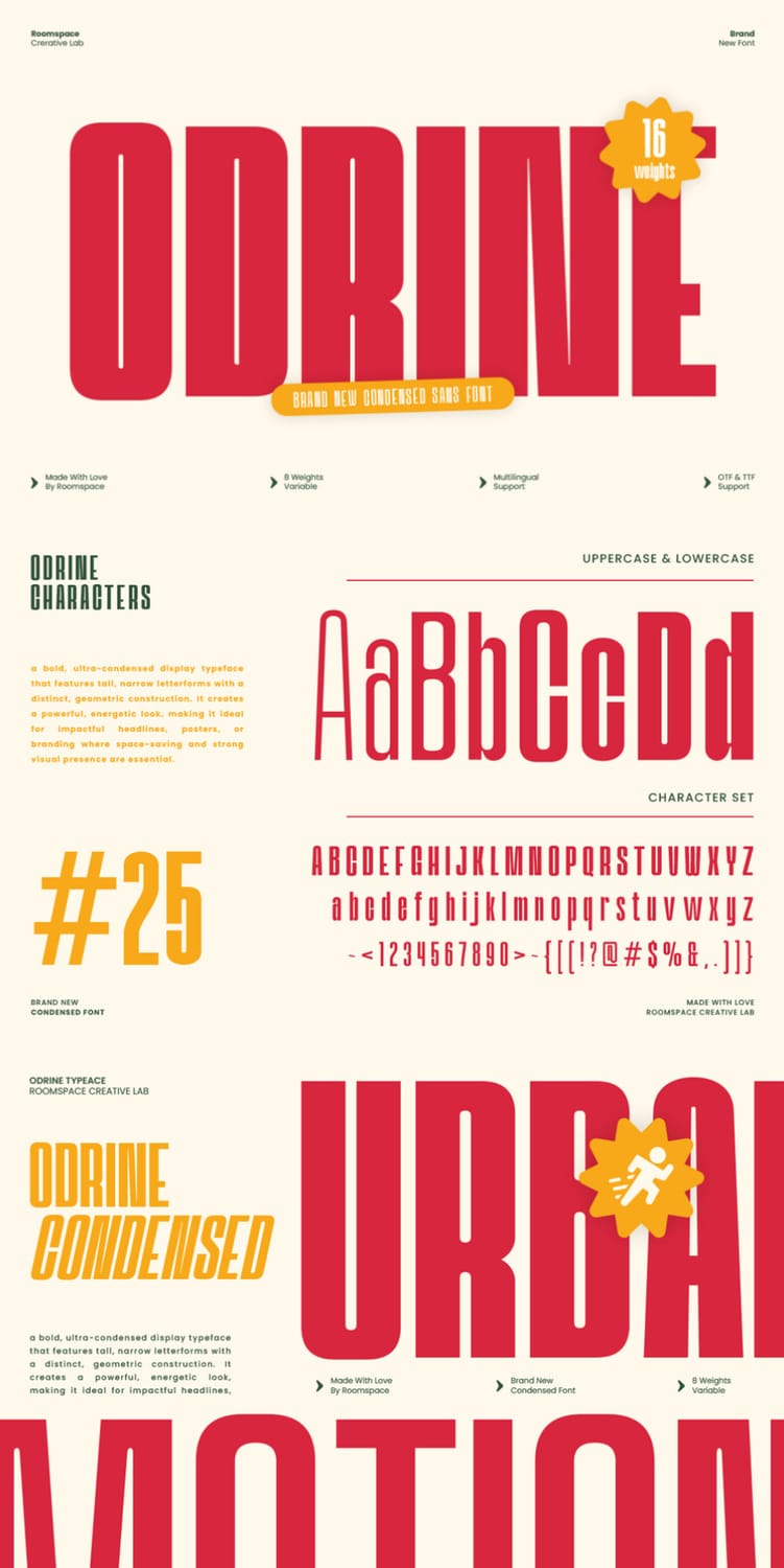 Typography specimen sheet for "Odrine," a brand new condensed sans font showcasing uppercase and lowercase letterforms, numbers, and punctuation in red and gold against a cream background.