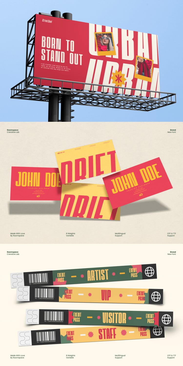 Branding mockups showcasing the "Odrine" condensed sans font featured on a street billboard reading "Born to Stand Out," business cards, and color-coded event wristbands.