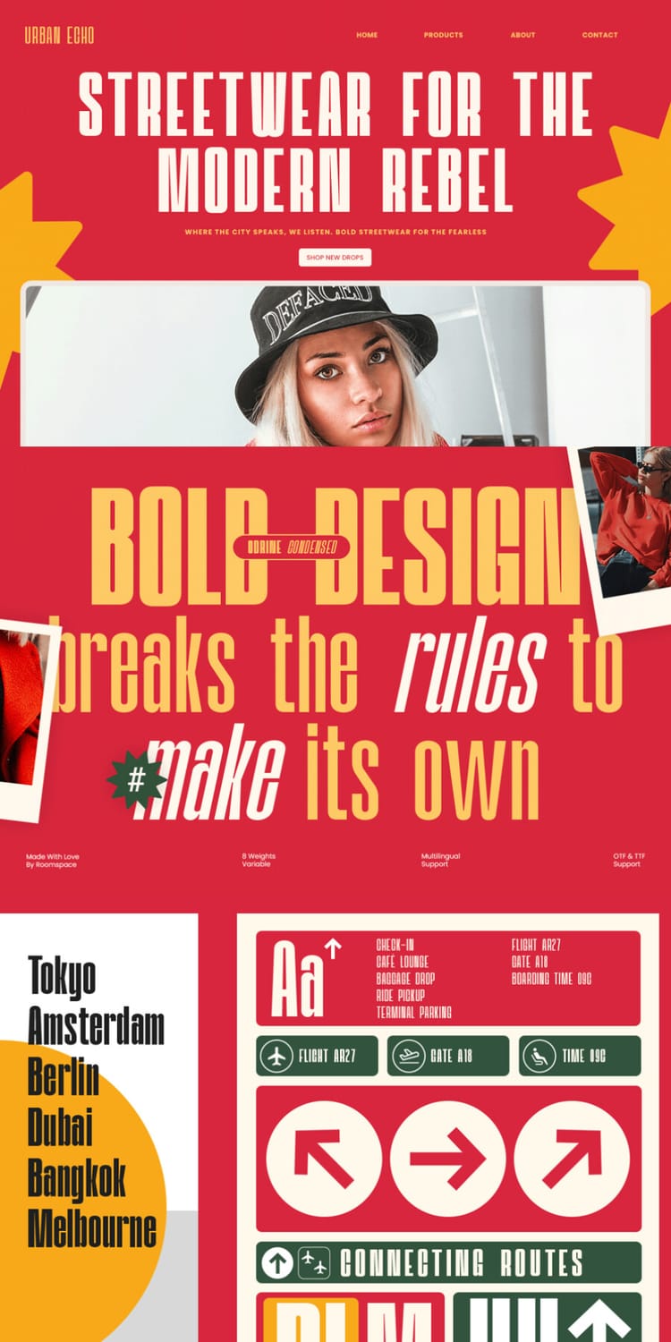 Website and editorial layouts utilizing the "Odrine" condensed sans font for headlines like "Streetwear for the Modern Rebel" alongside airport-style wayfinding and navigation symbols.