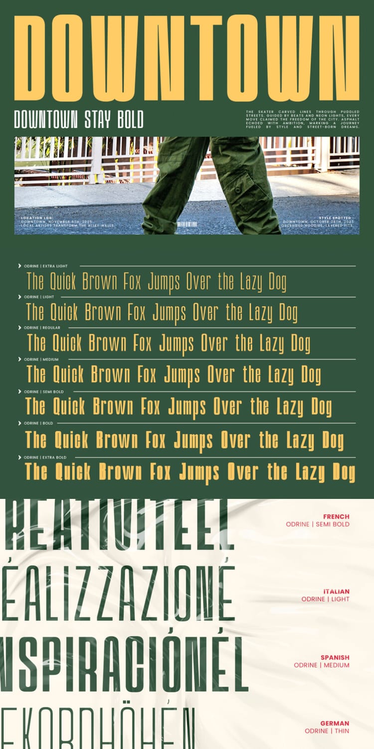 Design mockup featuring the Odrine font in multiple weights displaying the phrase "The Quick Brown Fox Jumps Over the Lazy Dog" alongside multilinguality examples in French, Italian, Spanish, and German against a green and cream background.
