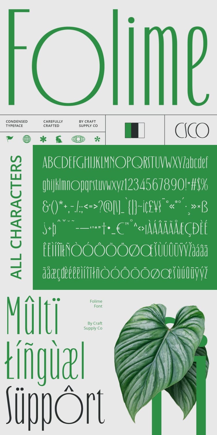 Typography character and glyph specimen sheet for "Folime," a carefully crafted condensed typeface by Craft Supply Co, displaying green uppercase and lowercase letters, numbers, and multilingual characters against a light grey background.
