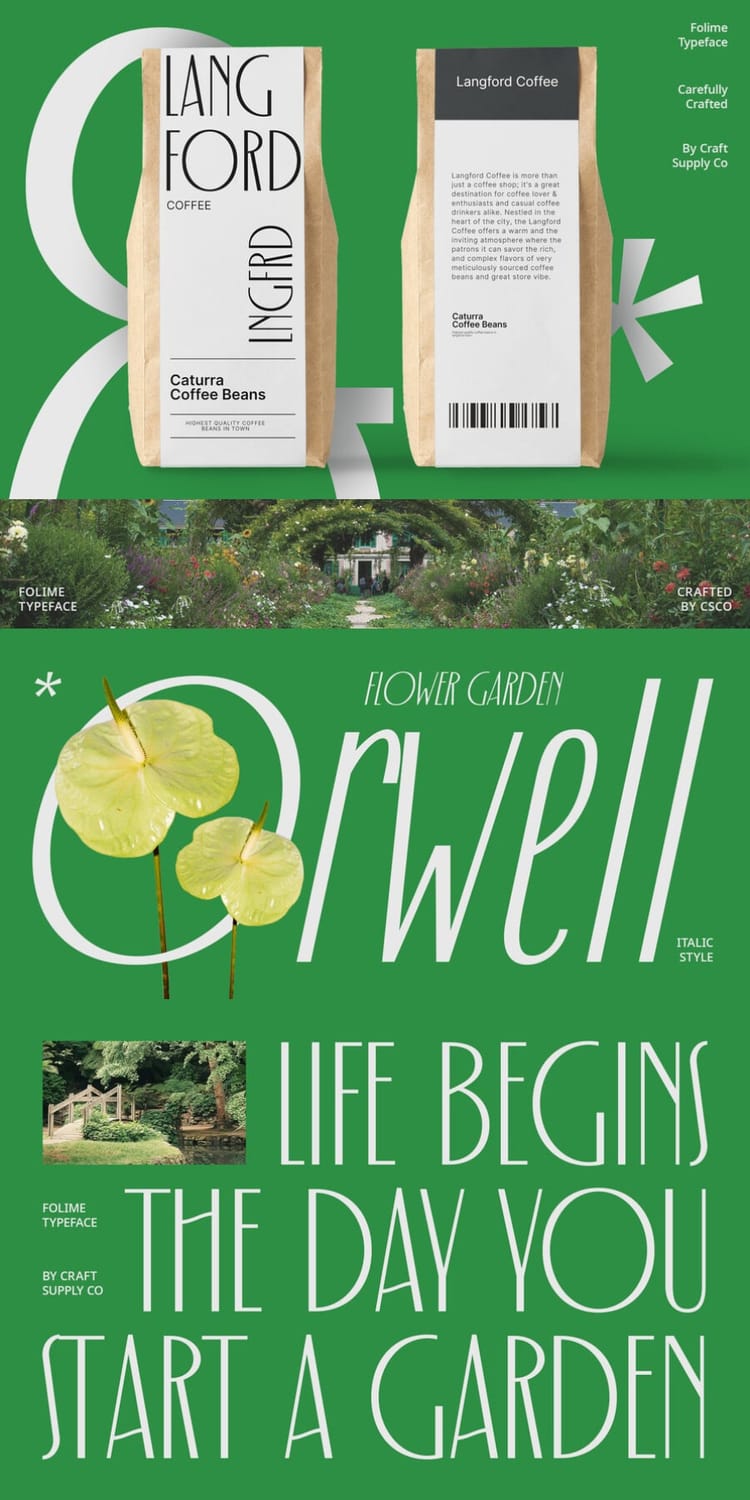 Design mockups showcasing the "Folime" typeface applied to Langford coffee bean packaging bags and botanical-themed editorial layouts with the quote "Life begins the day you start a garden".