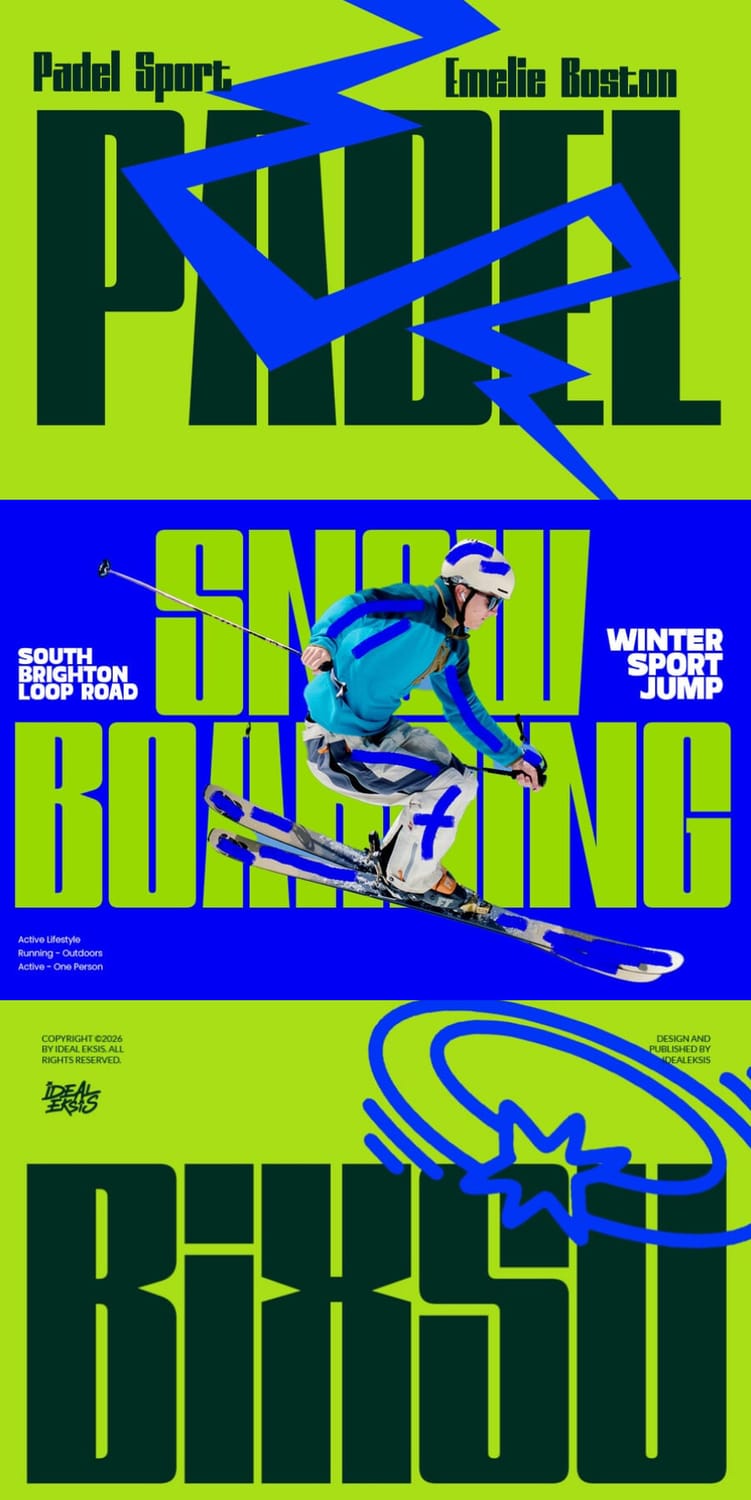 Dynamic athletic poster design showcasing the "Bixsu Condensed" font in dark green over a vibrant lime green background, featuring a skier in action with blue geometric lightning accents.