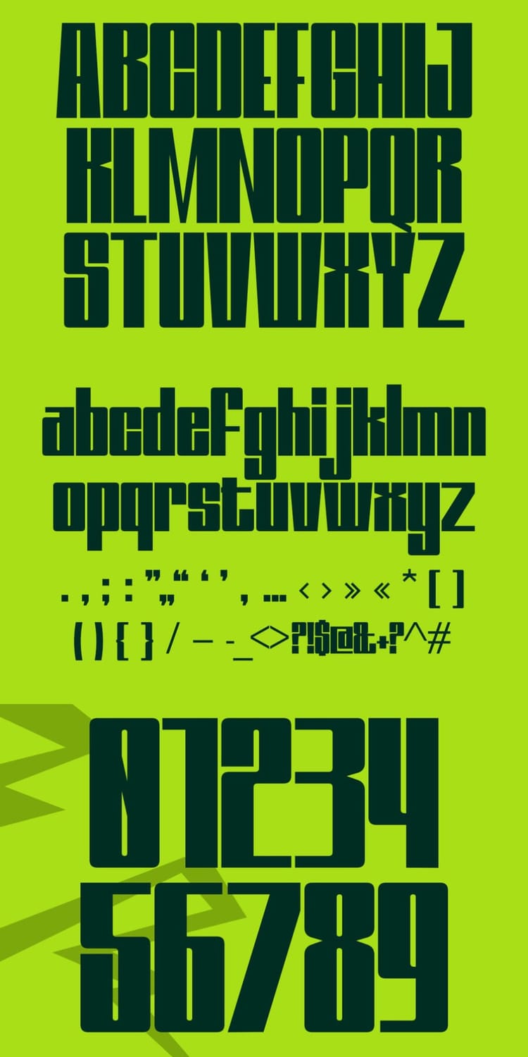 Typography character and glyph specimen sheet for "Bixsu Condensed," displaying bold dark green uppercase and lowercase letters, numbers, punctuation marks, and symbols against a lime green background.