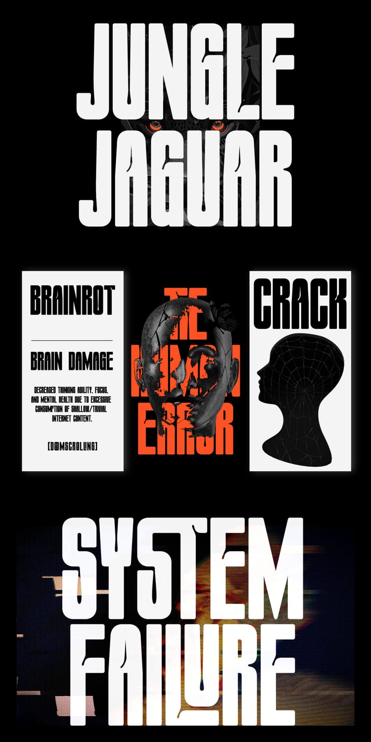 Graphic design layouts utilizing the "Kravon Condensed" font for bold headlines such as "Jungle Jaguar," "Brainrot," and "System Failure" with dark, stylized imagery.
