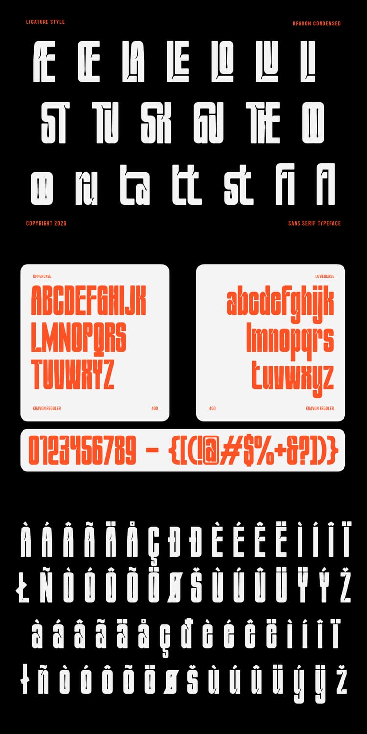 Typography specimen sheet for "Kravon Condensed," a sans-serif typeface featuring custom ligatures, uppercase and lowercase glyphs, numbers, and accented characters in orange and white against a black background.