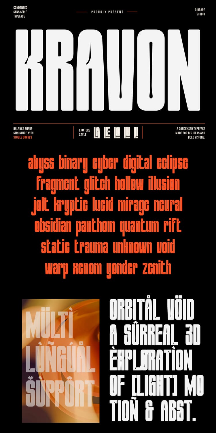 Presentation sheet for the "Kravon Condensed" typeface displaying a word list from "abyss" to "zenith," multilingual support examples, and a surreal 3D text exploration.