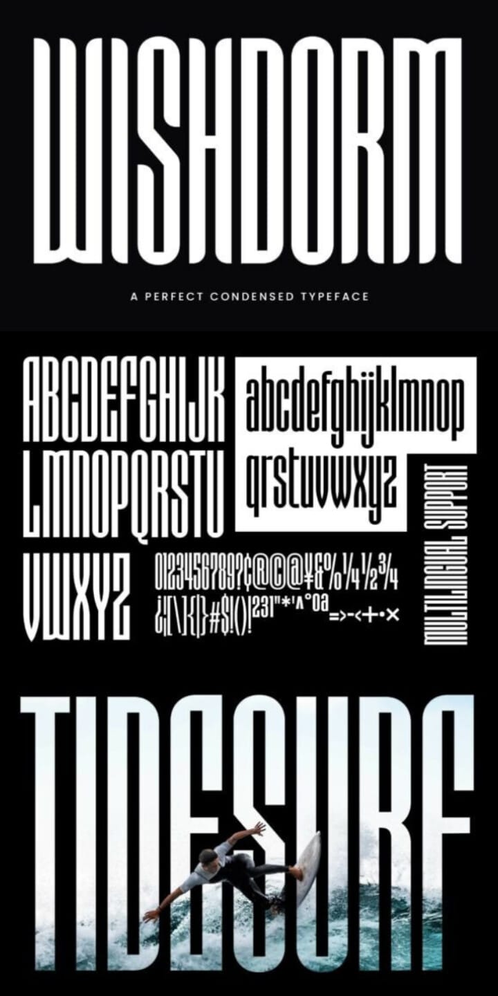 Typography specimen sheet for "Wishdorm," a perfect condensed typeface displaying uppercase and lowercase letters, numbers, and multilingual characters in white against a black background, paired with a surfing action layout.