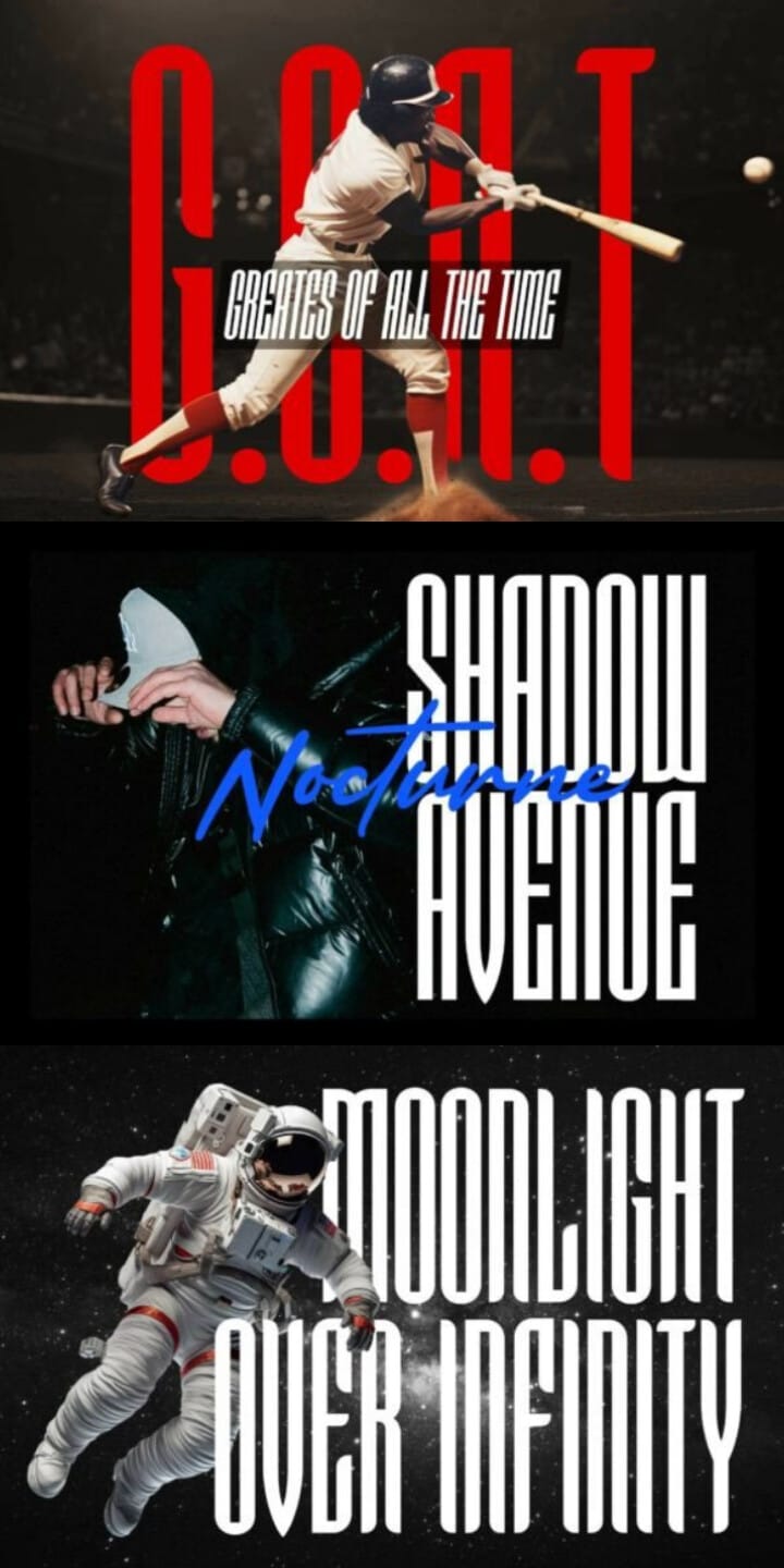 Design layouts featuring the "Wishdorm" condensed font in striking themed posters including a baseball player graphic, a streetwear portrait with a blue accent, and an astronaut floating in outer space.