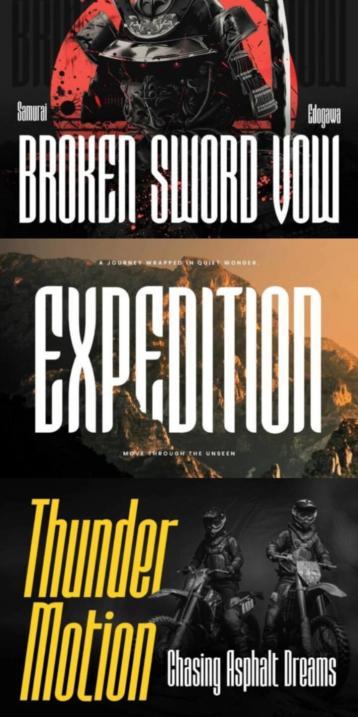 Cinematic design posters utilizing the "Wishdorm" typeface for bold headings like "Broken Sword Vow" with a samurai motif, an "Expedition" mountain landscape, and a motorcycle adventure layout.