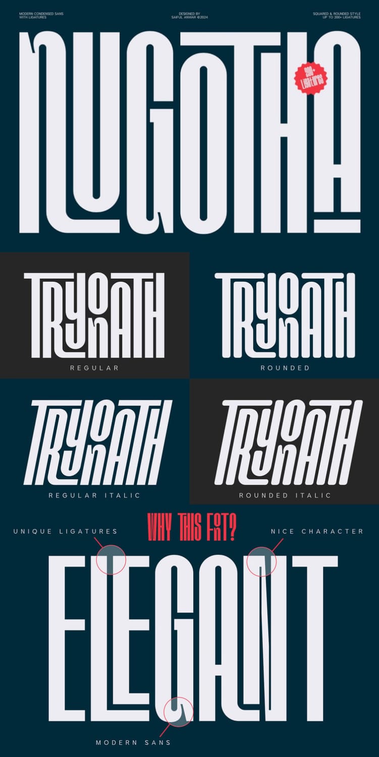 Typography specimen sheet for "Nugotha," a modern condensed sans font with over 200 unique ligatures, displaying regular, rounded, italic, and regular styles in white against a dark blue background.