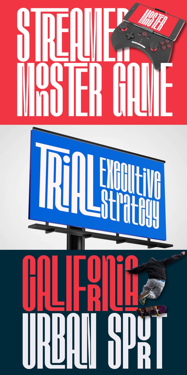 Graphic design mockups featuring the "Nugotha" condensed typeface applied to a gaming streamer graphic, a blue executive strategy billboard, and a dynamic urban skateboarding poster.   