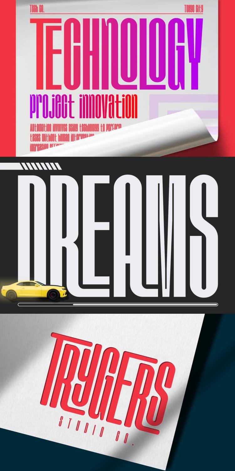 Editorial and branding layouts utilizing the "Nugotha" font, including a technology magazine cover, a sleek "Dreams" automotive layout with a yellow car, and a "Trygers Studio Co." logo presentation.