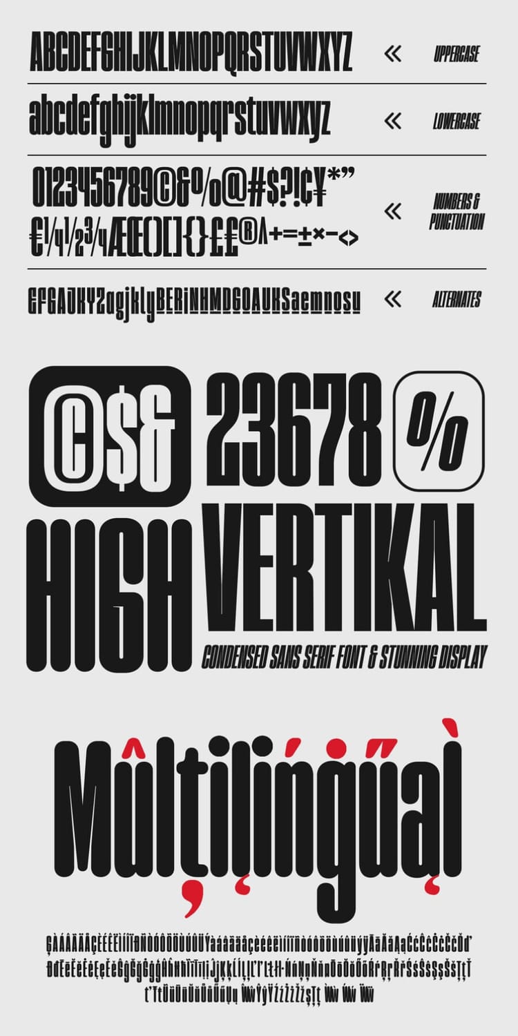 Character and glyph specimen sheet for the "Homura" font, showcasing uppercase and lowercase letterforms, numbers, punctuation marks, alternate characters, and multilingual support symbols.
